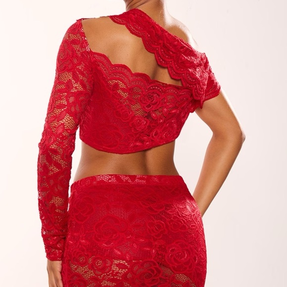 Sexy red Lace Cut Out Asymmetric Crop Long sleeve top resort vacation club hot - Picture 5 of 7